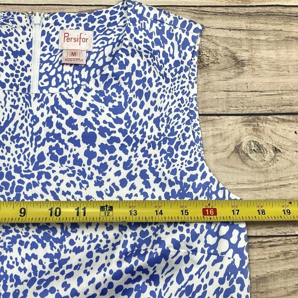 Persifor Blue White‎ Animal Print A-Line Shift Dress Knee Length Sz M Sleeveless - Picture 6 of 7
